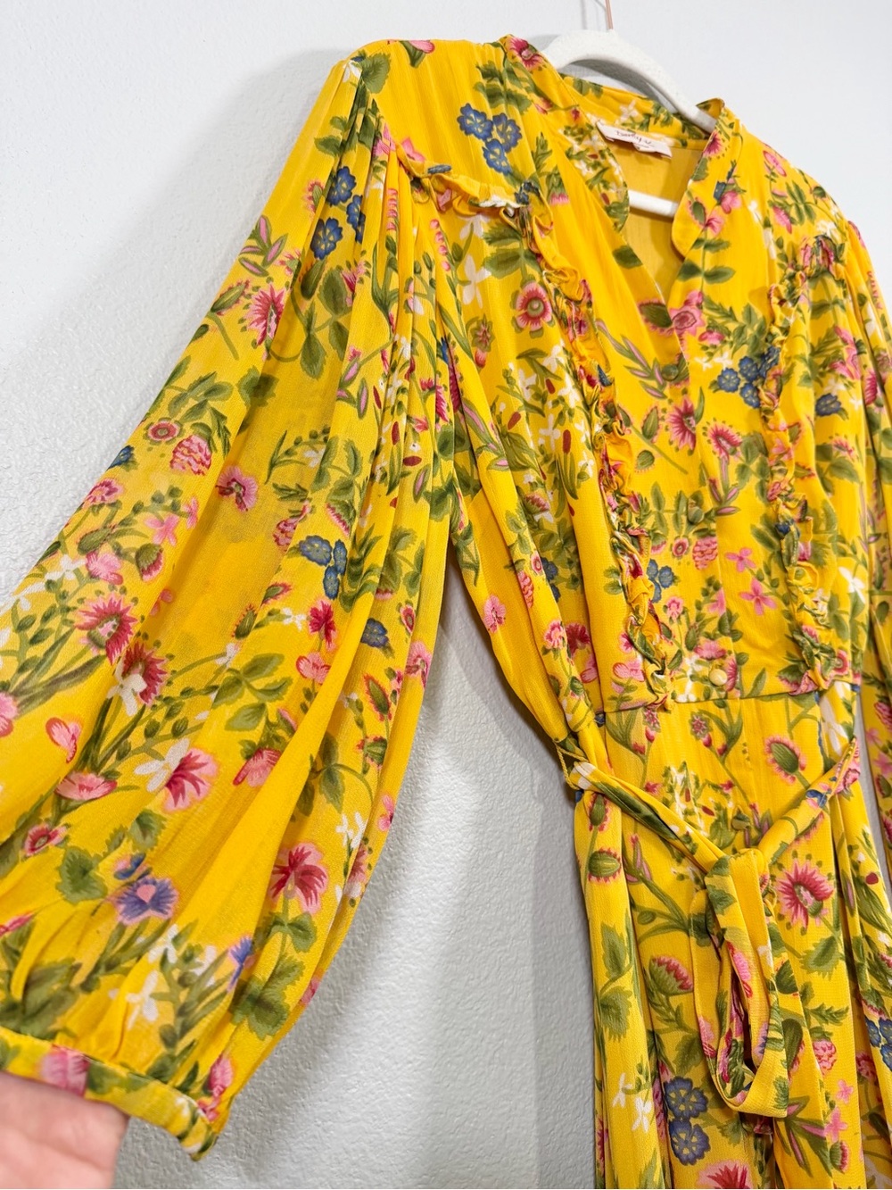 Rene Derhy Dress Yellow Pink Floral Maxi Button Down Flowy Tie Belt Women L - Picture 3 of 8